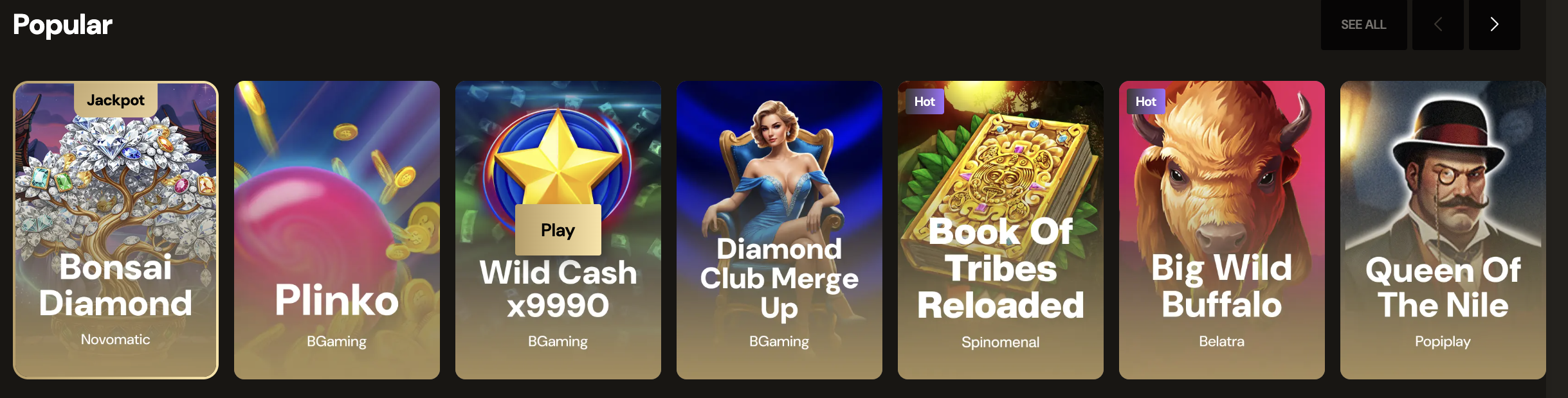 Popular games row showing Bonsai Diamond, Wild Cash and Book of Tribes Reloaded